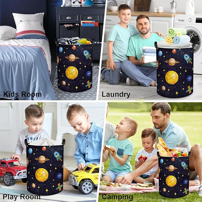 Clastyle 45L Boy Planets Nursery Hamper Outer Space Collapsible Laundry Basket Kid Room Rocket Toy Storage Basket