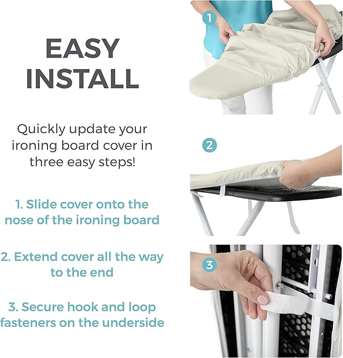 HOME GENIE Ironing Board Cover, Extra Thick Padding, Scorch Resistant Silicone Coating, 15x54 Full Size, Elastic Edge Heavy Duty Iron Pad Covers Standard Boards, Hook and Loop Fastener Strap, Linen