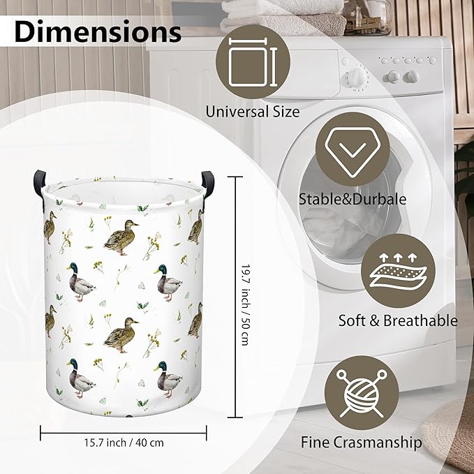 Mallard Duck Laundry Basket, Collapsible Waterproof Oxford Cloth Laundry Hamper, Funny Round Kids Toys Storage Basket as Room Decor, Cute Duck Dirty Clothes Hamper for Bedroom Bathroom Dorm (Brown)