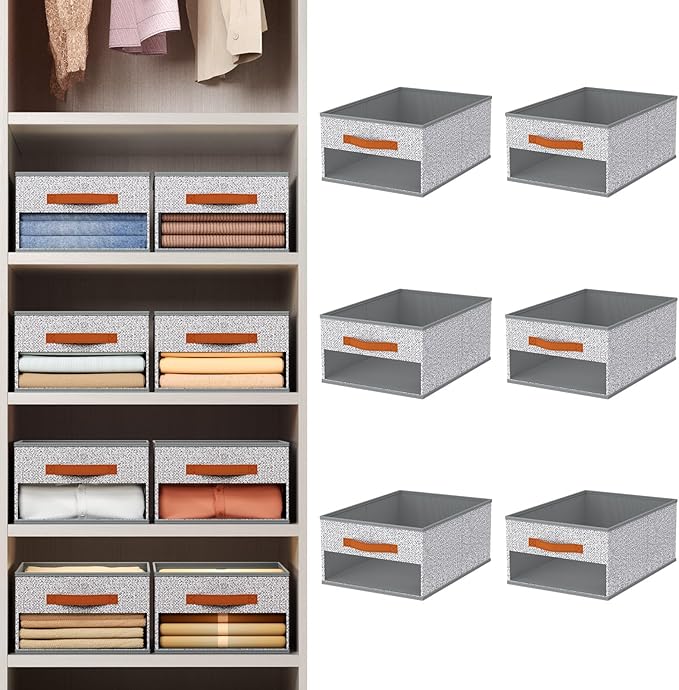 Drawer Organizers and Storage - 6 Pack Foldable Pants Organizer with Clear Window & Handles, Fabric Closet Organizer for Clothes, Jeans, Sweaters, Towels, T-shirt, Scarf (Ant Light Gray)