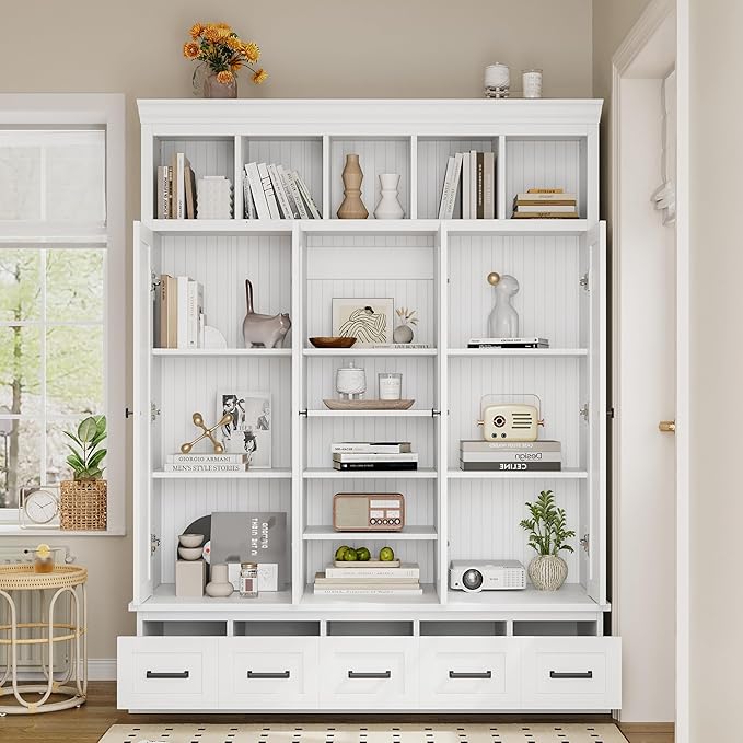 Modern Hall Tree with Bench and 5 Storage Cubbies, 5 Drawers and Adjustable Shelves, 78.7''H Hall Tree Entryway Storage Organizer Cabinet with 4 Doors for Hallway, Entryway, Living Room (White/506)