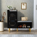 HLR Storage Bench with Glass Door&Shelf, Modern Entryway Shoe Cabinet Bench with Padded Seat, L-Shaped Storage Cabinet for Hallway, Bedroom, Living Room, Office, Black