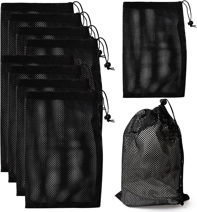 10Pcs Nylon Mesh Drawstring Bag,8 x 11.4 Inch Nylon Mesh Bags with Drawstrings Black Bags with Cord Lock Closure for Balls and Travel Laundry Bag
