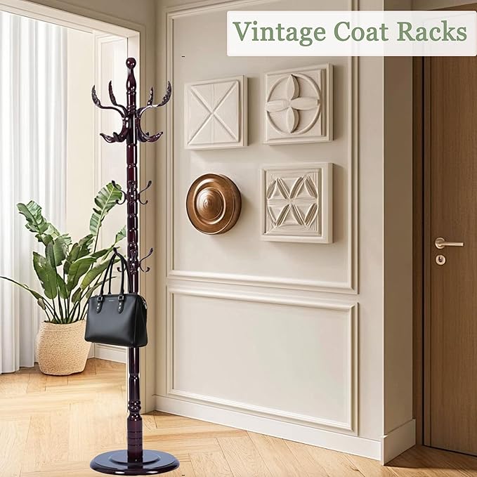 Coat Rack Freestanding,Solid Wooden Coat Rack Stand with 3 Height Options,14 Hooks, Natural Birch Coat Tree Easy to assemble for Clothes Jacket Hat bag Entryway (mahogany) (Fenghuang Gou)