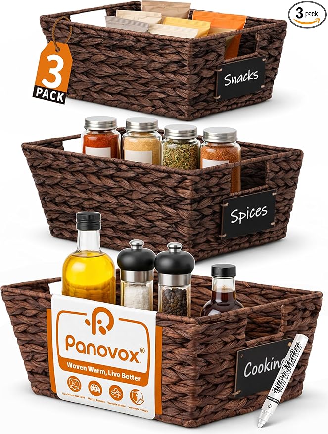 Pantry Organizers and Storage, Water Hyacinth Storage Baskets for Shelves, Brown Baskets for Organizing, Pantry Baskets with Chalkboard Labels and Marker