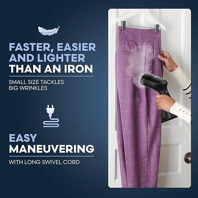 Conair Handheld Garment Steamer for Clothes, Compact Fabric Steamer for Home or Travel, Quick 30-Second Heat-Up, 10-Minute Continuous Steam, Includes Bristle Brush & Delicates Bonnet, Black, GS81