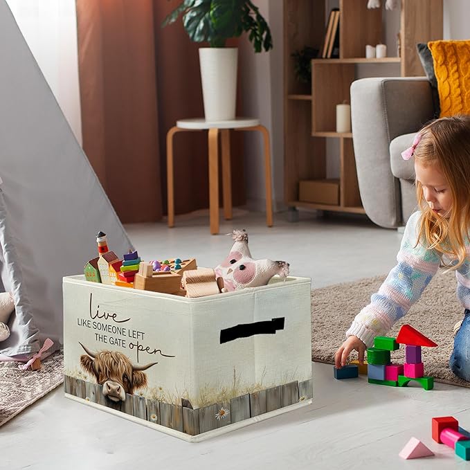 Highland Cow Storage Bins & Boxes with Handles, Western Highland Cow Foldable Basket for Organizing, Farmhouse Rustic Collapsible Storage Basket for Bedroom Room Bathroom Clothes Toys Books