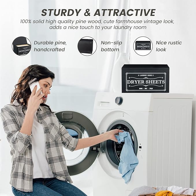 Rustic Dryer Sheet Holder with Lid - Cute Farmhouse Dryer Sheet Dispenser Laundry Room Decor Accessories,Fabric Softener Dispenser Dryer Sheet Container for Laundry Organization Storage,Black-N