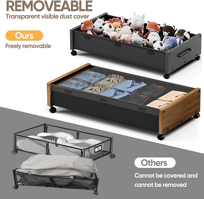 Under Bed Storage with Wheels, Underbed Shoe Storage Containers, Under the Bed Storage Drawers with Lid, Wooden Rolling Blankets Clothes Storage Metal Drawer for Bedroom Dorms Room (Walnut 2pack)