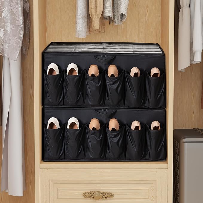 Shoe Organizer for Closet, Shoe Storage Solution with Clear Cover & Adjustable Dividers, Fabric Shoe Box Fits 16 +12 Pairs Shoes, Black, 1-Pack