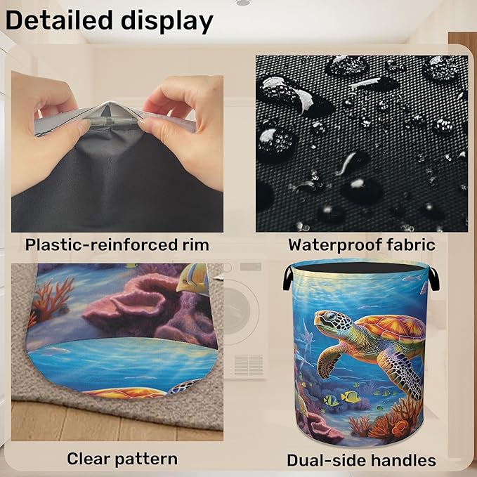 Sea Turtle Large Clothes Hamper Bag - Laundry Basket with Handles, Space Saving Foldable Design for Nursery
