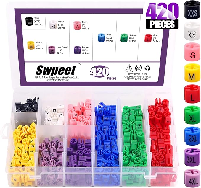 Swpeet 420 Pcs Plastic Hanger Size Markers Assortment Kit, XXS - 4XL Color-Coding Sizes Tags Marker for Wire Hangers with Storage Box