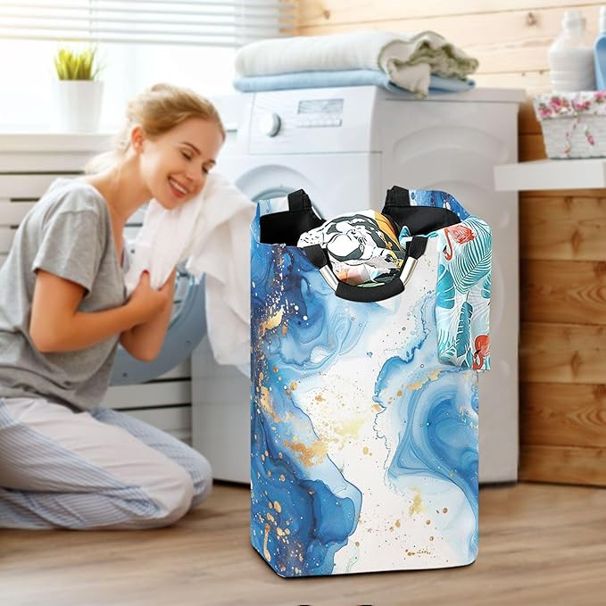 xigua Blue Marble Large Laundry Hamper with Handle, Foldable Clothes Hamper Collapsible Storage Basket for Toys and Clothes Organization in Bedroom, Bathroom, and Laundry Room