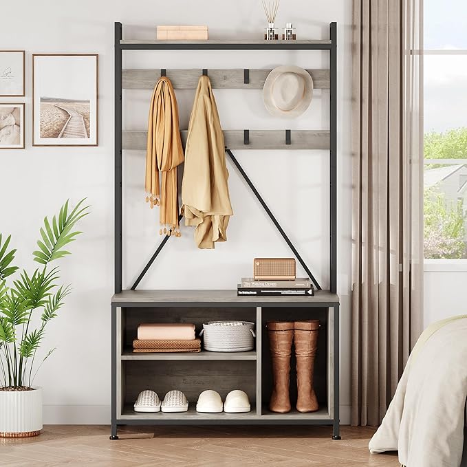IDEALHOUSE Hall Tree with Bench Coat Rack Shoe Bench Industrial Coat Tree with Storage Cubbies Entryway Coat Rack with Shoe Storage