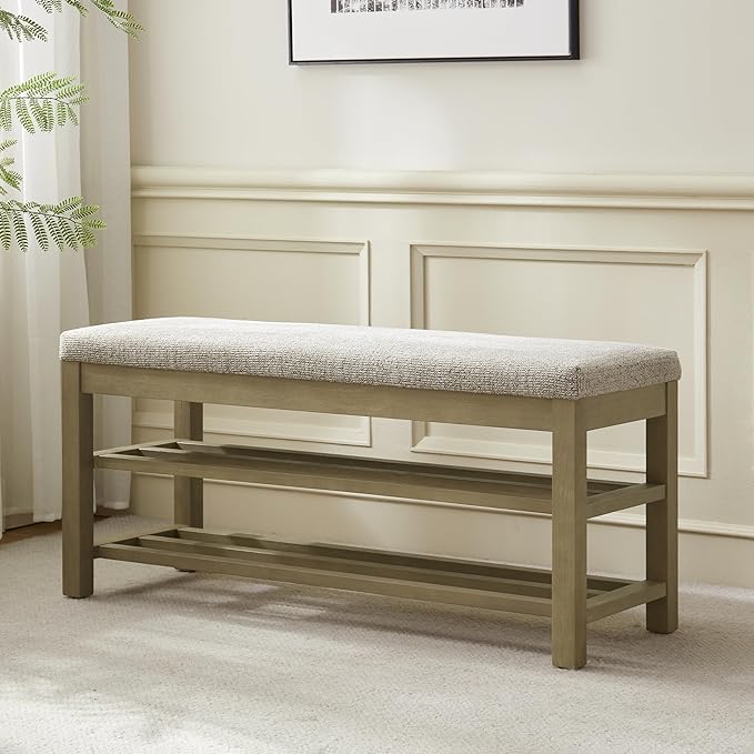 VKNOW Entryway Bench, 44.3” Upholstered Shoe Bench for Bedroom, 2-Tier Storage End of Bed Bench with Rubberwood Legs for Living Room, Hallway, Brown