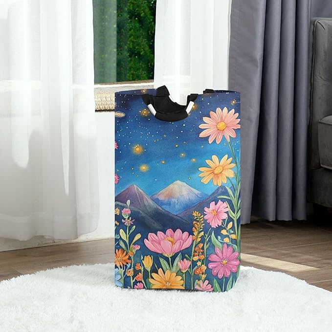xigua Wildflowers with Mountains Large Laundry Hamper with Handle, Foldable Clothes Hamper Collapsible Storage Basket for Toys and Clothes Organization in Bedroom, Bathroom, and Laundry Room