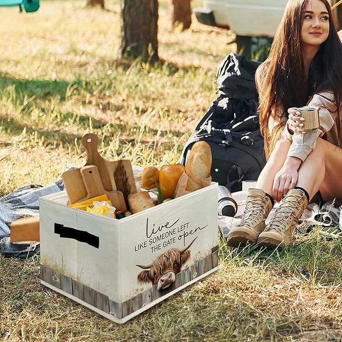 Highland Cow Storage Bins & Boxes with Handles, Western Highland Cow Foldable Basket for Organizing, Farmhouse Rustic Collapsible Storage Basket for Bedroom Room Bathroom Clothes Toys Books