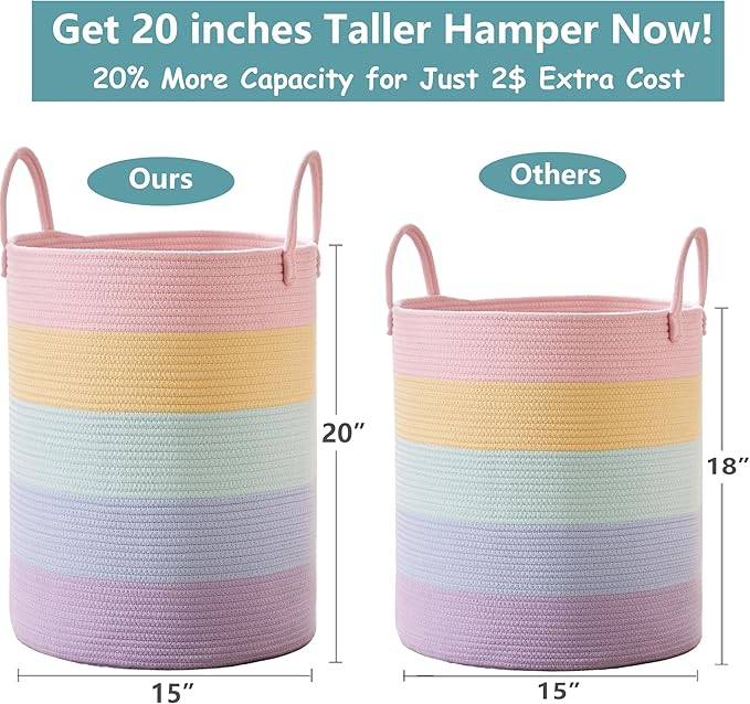 15Dx20H inches Baby Girls Kids Hamper Rainbow Laundry Basket for Nursery Clothes Pastel Unicorn Woven Hamper in Playroom Bedroom Large Tall Blanket Basket