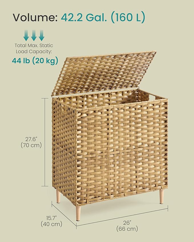 SONGMICS Laundry Hamper with Lid, 42.2 Gal. (160 L) PE Rattan Laundry Basket with Lid and Handles, Natural Material,Removable Machine Washable Liner, Goose Yellow ULCB223YE01
