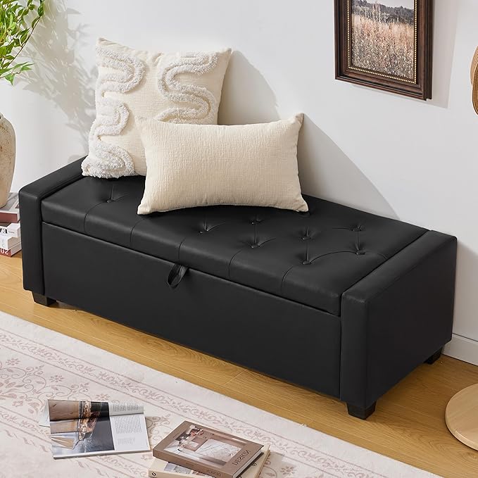 48" Ottoman with Storage, Storage Ottoman Bench with Safety Hinge, Upholstered Entryway Bench with Seating for Bedroom, Living Room, Holds up to 330 lb, Light Black