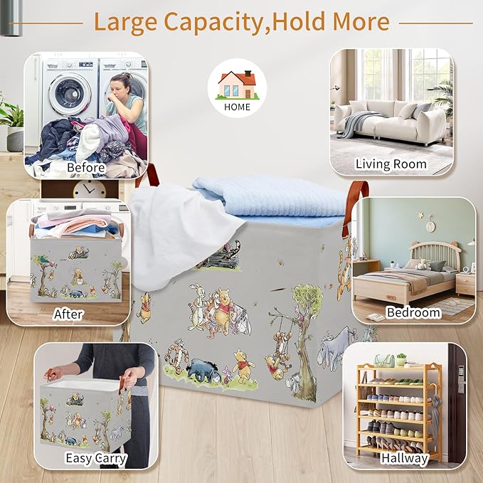 Cute Bear Nursery Storage Basket With Hard Bottom,Classic Bear Decorative Storage Hamper With Waterproof PE Coating,Large Square Canvas Cotton Laundry Bin for Baby Stuff,Diaper Bag