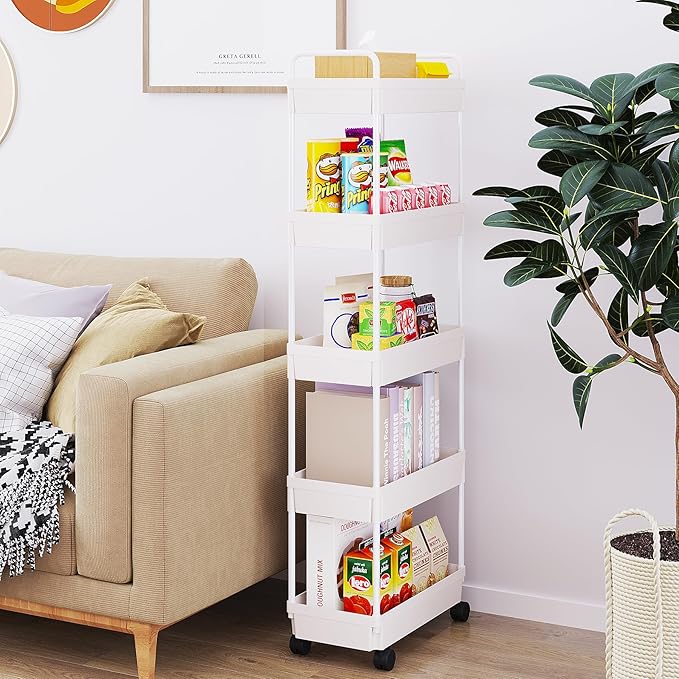 Buzowruil Rolling Storage Cart 5 Tier Organizer Mobile Shelving Unit Storage Rolling Utility Cart with Wheels for Kitchen Bathroom Laundry,White