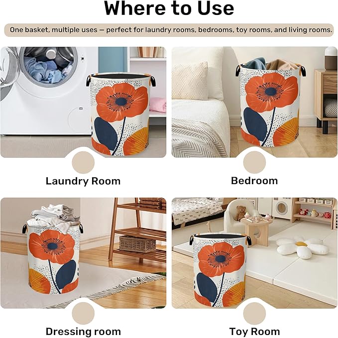 Modern Minimalist Red Flowers Foldable Canvas Laundry Basket with Handles - Storage Organizer, Heavy Duty for Home，Bedroom, Dorm, Bathroom