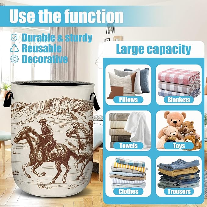 American Wild West Desert Cowboys Laundry Basket, Laundry Hamper Collapsible Oxford Cloth with Handle Clothes Toy Storage Bin for Bathroom Laundry Room Bedroom 15.7 X 20 Inch