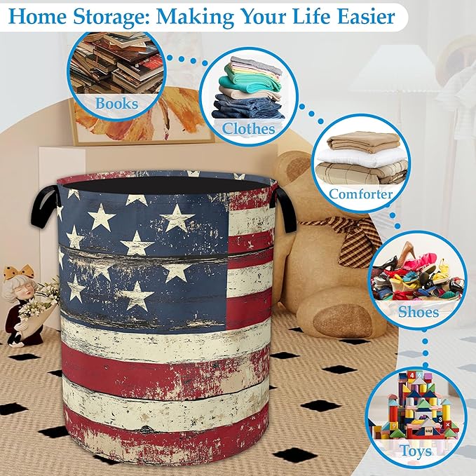 American Flag Laundry Basket Collapsible Laundry Hamper with Handle, Oxford Clothes Toy Storage Bin for Bathroom Bedroom Room Décor 16" X 20.8"