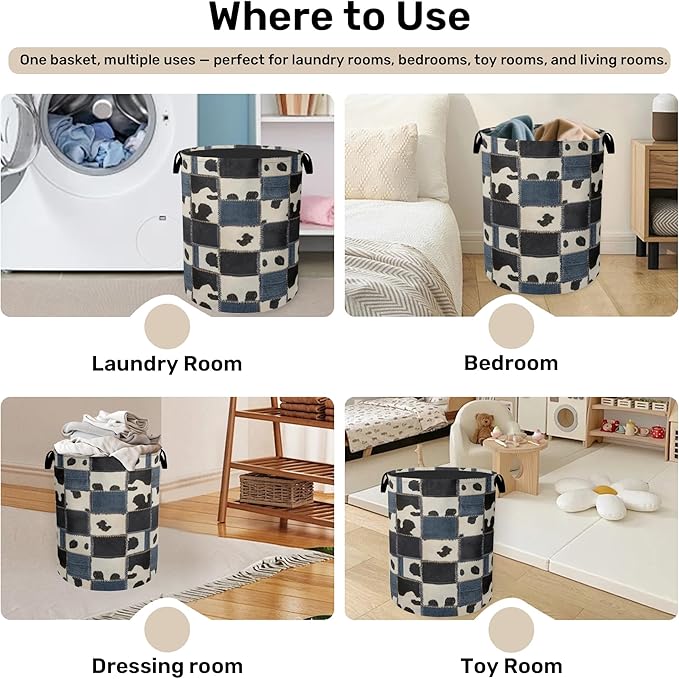 Denim Patchwork Cow Print Large Clothes Hamper Bag - Laundry Basket with Handles, Space Saving Foldable Design for Nursery