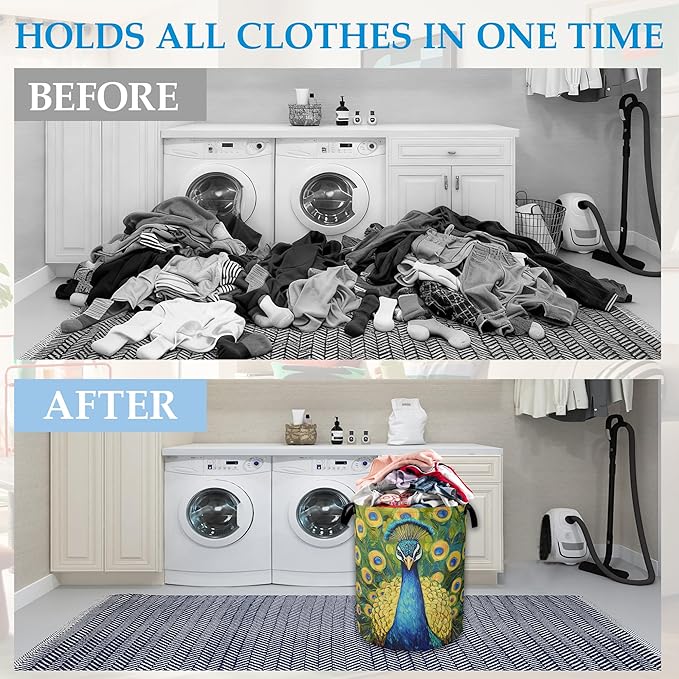 Peacock Laundry Basket Collapsible Laundry Hamper Clothes Toy Storage Bin for Bathroom Bedroom Room Decor 16" X 20.8"