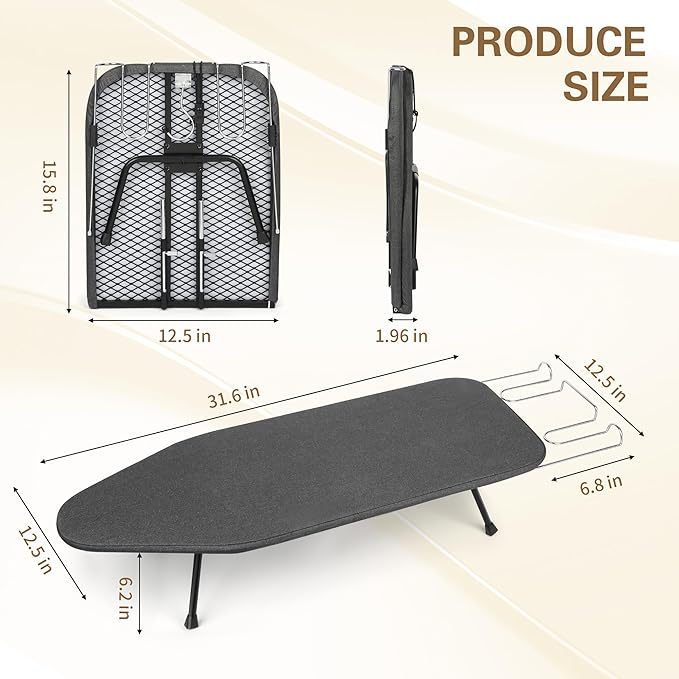 Folding Tabletop Ironing Board with Iron Rest, 31.6 x 12.5 inches, Padded Cotton Cover, Metal Mesh Panel, Mini Iron Board for Small Space and Travel,Gray