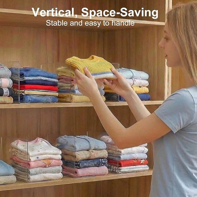 Shelf Dividers for Closet Organization: 6" Tall x 10" Deep, Deeper Adhesive Separators Features Acrylic Material and Provides Storage for Babywear and Purses in Bedroom Cabinets(8-Pack)