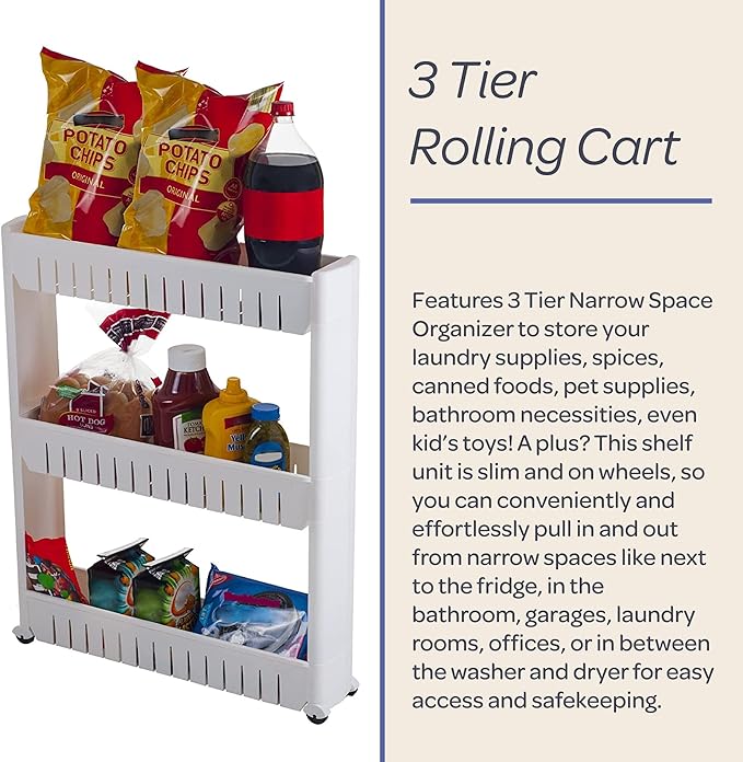 Lavish Home 3 Tier Shelf Rolling Cart - Narrow-Space Kitchen or Bathroom Shelf Organizer Cart - Slim Slide-Out Storage Shelves for Kitchen, Bathroom, Laundry and Pantry