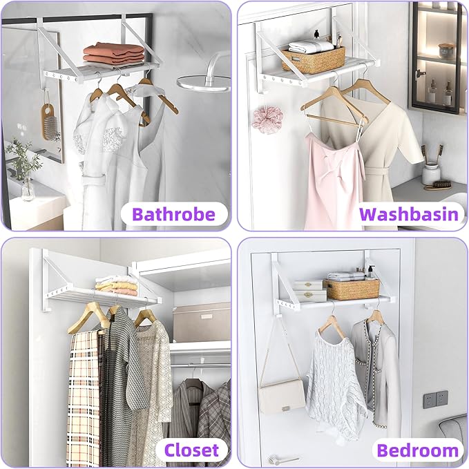 Over The Door Clothes Hanger with 2 Hooks, Stainless Steel Over The Door Hangers for Clothes with Storage Rack, Clothing Hanger Drying Racks for Laundry, Washroom, Fits Door Up to 1.77", White