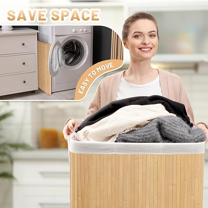 72L Slim Laundry Hamper with Lid, Foldable Bamboo Clothes Laundry Basket with Handles, Removable and Machine Washable Liner, for Bedroom, Bathroom, Dorm, Natural Beige