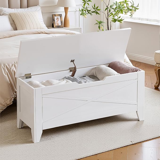 VECELO 43.3" Storage Bench, Shoe Bench with Handwoven Wicker Cushion, Ottoman Storage Trunk with Safety Hinges, Ideal for Entryway, Bedroom, Living Room, White