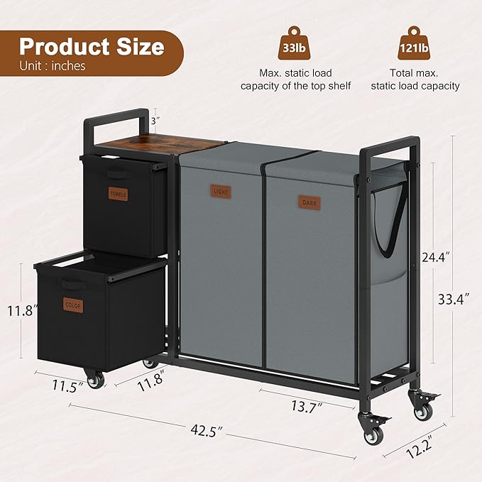 Hoctieon 4 Section Laundry Cart, 48 Gal. (182L) Laundry Hamper with Lid, Laundry Basket with Wheels, Rolling Laundry Sorter Organizer with Shelf, Clothes Separator with Removable Bags, Black+Gray