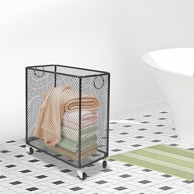 Laundry Basket on Wheels, Large Rolling Laundry Hampers, Stackable Storage Cart with Handles Removable Wire Organizer Baskets Clothing Sorting Rack (Black, Rectangular)