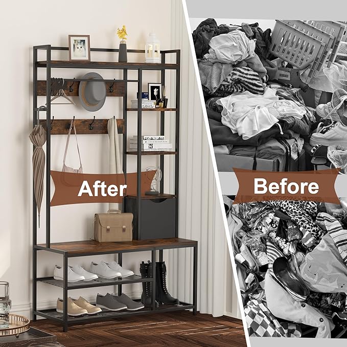 Hall Tree with Storage Bench, Coat Rack Freestanding, Entryway Bench with Storage, Coat Rack with Shoe Storage, 5-In-1 Hall Tree with 12 Hooks for Entryway, Hallway