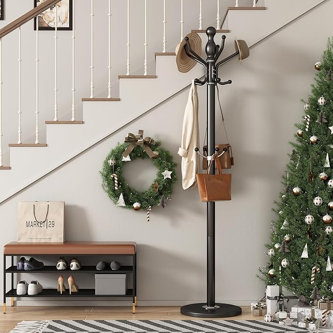 Metal Coat Rack Stand Modern Coat Rack Freestanding with 360° Rotary Design Sturdy Heavy Duty Coats Racks Hall Tree Hats Hanger Holder Stand with 14 Hooks for Entryway Hallway Office, Black