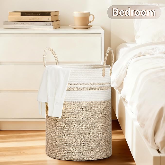 Tall Laundry Basket with Handles, 58L Portable Dirty Clothes Hamper, Boho Cotton Rope Storage Bin for Blankets Kids Toys Gifts, Decorative Organizer for Nursery Bedroom Bathroom, New Brown