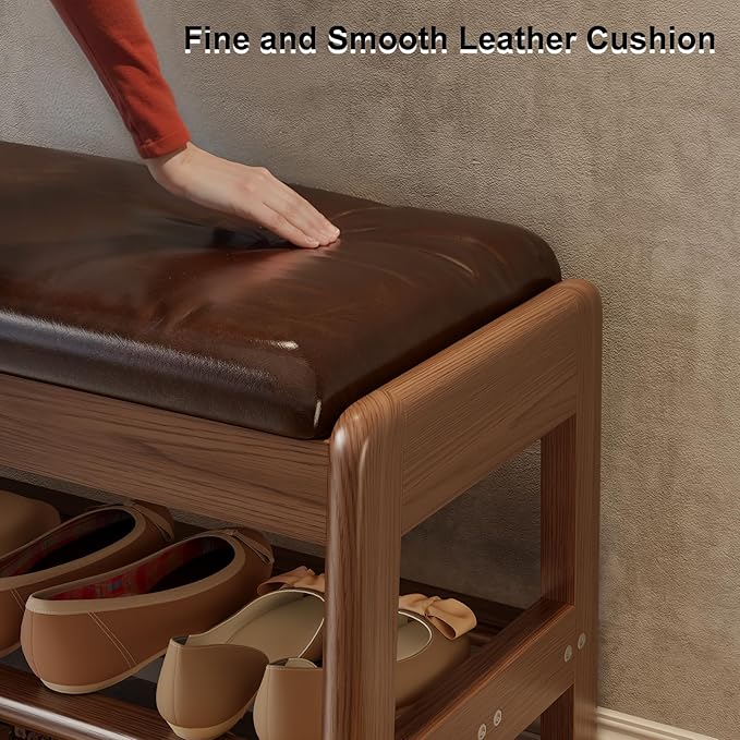 AQIMUELE Small Shoe Rack Bench,2 Tiers Shoe Bench with Storage with Flip-Top,Wood Shoe Rack for Entryway,Hallway（Dark Walnut Upholstered Seat）