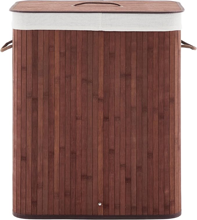 GarveeHome Folding Bamboo Laundry Hamper with Lid, 28 Gal /106L Wooden Laundry Basket with Washable Liner Bag, Slim Clothes Storage Hamper for Small Bedrooms Apartments Dorms, Brown