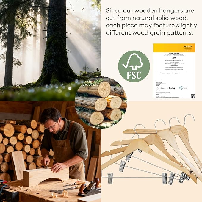 HOUSE DAY 12 Pack High-Grade Wooden Suit Hangers Skirt Hangers with Clips Solid Wood Pants Hanger Natural Smooth Finish Premium Wood Hanger with Durable Metal Clips for Blouse, Dress, Coat, Jacket