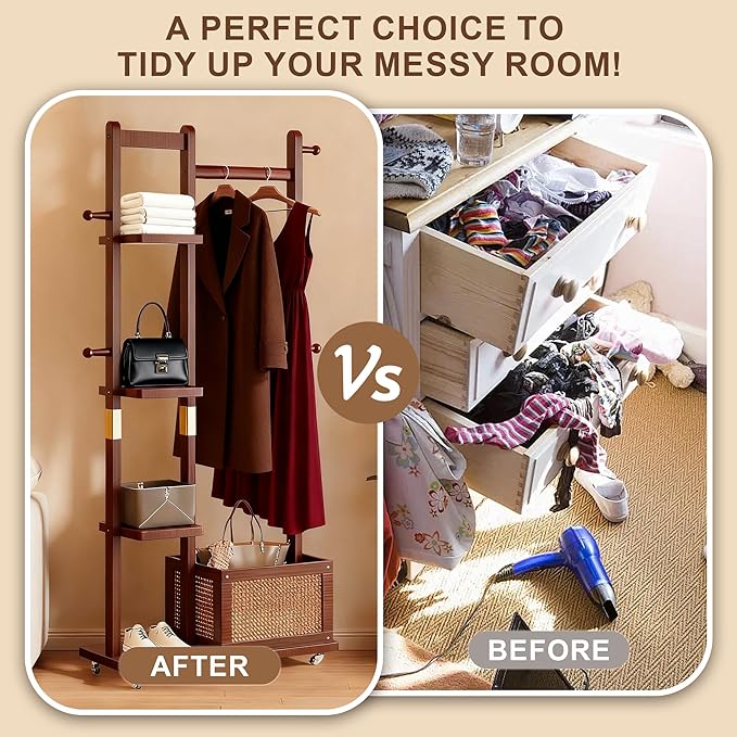 Solid Wood Clothes Rack with Wheels, Freestanding Coat Rack with 4 Shelves, 4 Side Hooks & Storage Basket, 4-IN-1 Clothing Rack Heavy Duty Clothes Hanger Stand for Clothes Garment Wallets Hats