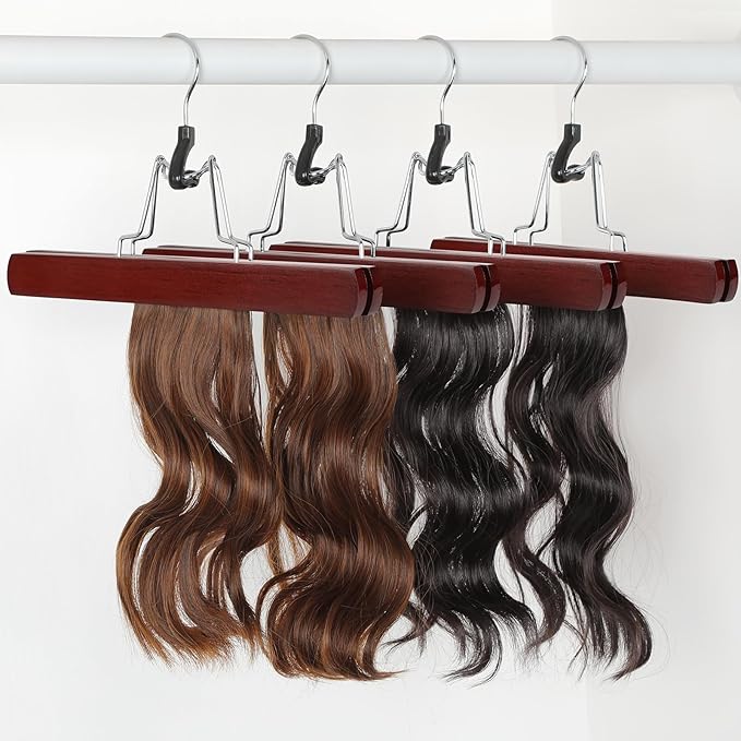 TOPIA HANGER 12 Pack Wooden Pants Hangers, Hair Extension Hangers Non Slip Skirt Hanger Wood Clamp with Velvet Padded 360° Swivel Hook for Jeans, Skirts, Trousers, Wigs Cherry CT67M