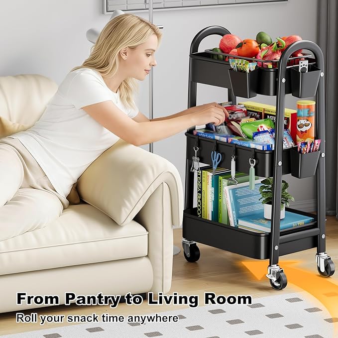 3 Tier Black Rolling Cart Metal with Wheels, Basket, Cups & Hooks, Three Tier Utility Carts on Wheels, Can Organizer for Pantry Floor, Kitchen Storage Rack, Snack Shelf Carts, Vianderos para Cocina