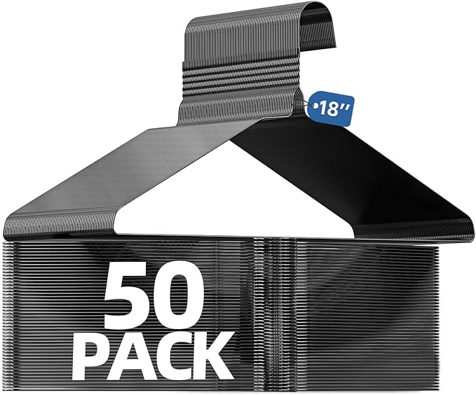 SPECILITE 18 Inch Wire Metal Clothes Hangers Bulk 50 Pack for Large Size Suits, Coats, Shirts, Pants, Skirts, Space Saving, Non Slip,12 Gauge Ultra Thin, Black