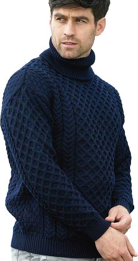 Aran Crafts Unisex Irish Cable Knitted Soft Roll Neck Sweater (100% Merino Wool)